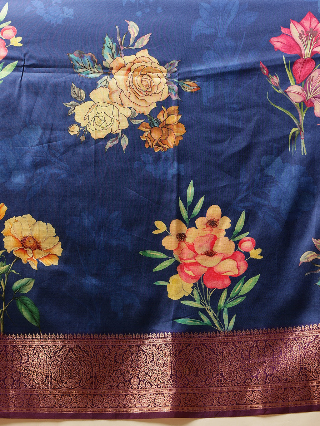 Navy Blue Banarasi Silk Saree with Floral Digital Print