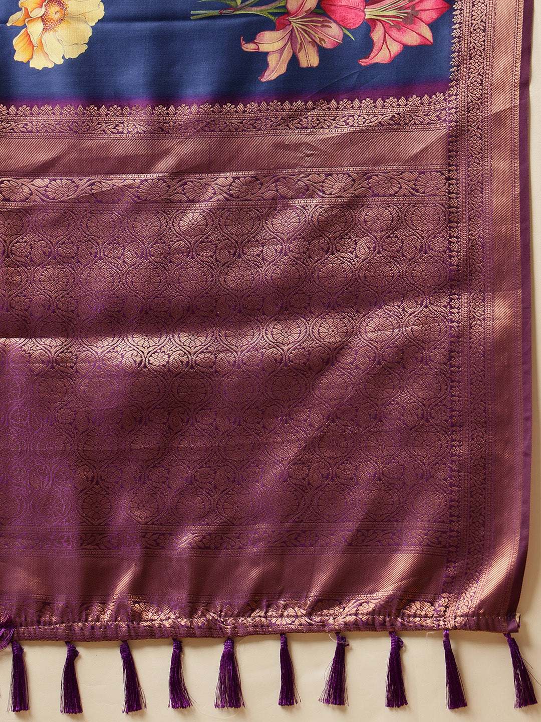 Navy Blue Banarasi Silk Saree with Floral Digital Print