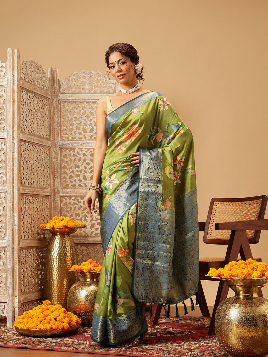 Close up of vibrant green Banarasi silk saree with floral digital printing