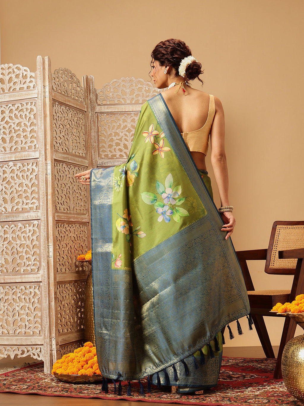 Green Banarasi Silk Floral Digital Printed Saree for Festive Style