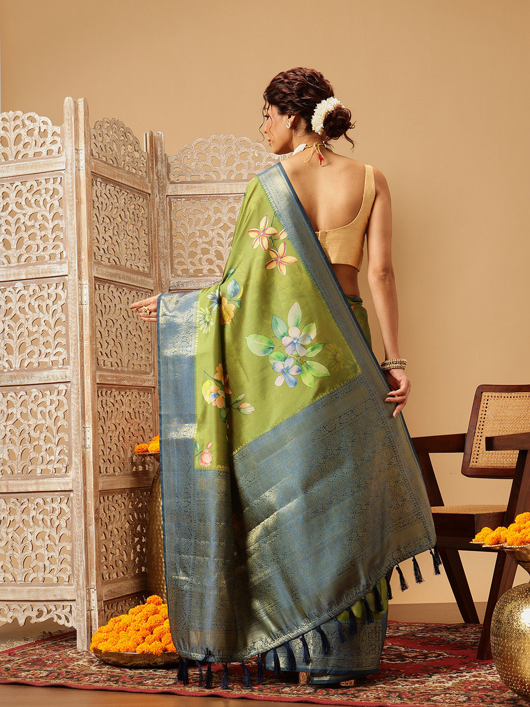 Green Banarasi Silk Floral Digital Printed Saree for Festive Style