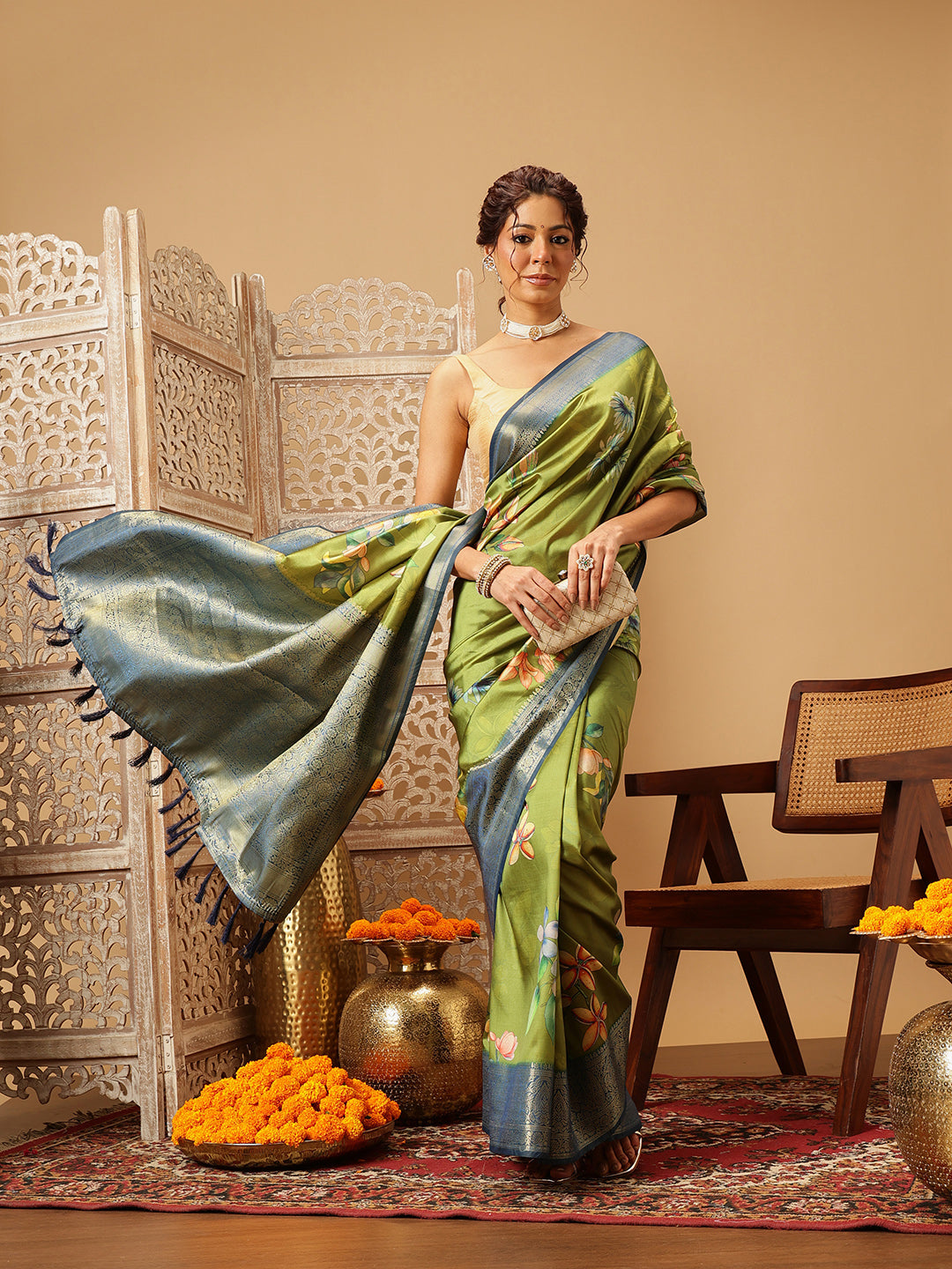 Green Banarasi Silk Floral Digital Printed Saree for Festive Style