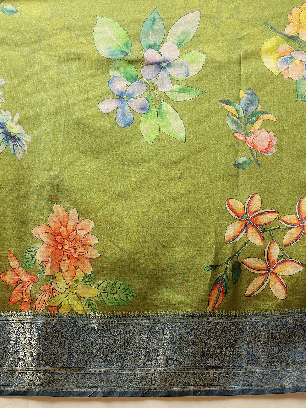 Green Banarasi Silk Floral Digital Printed Saree for Festive Style