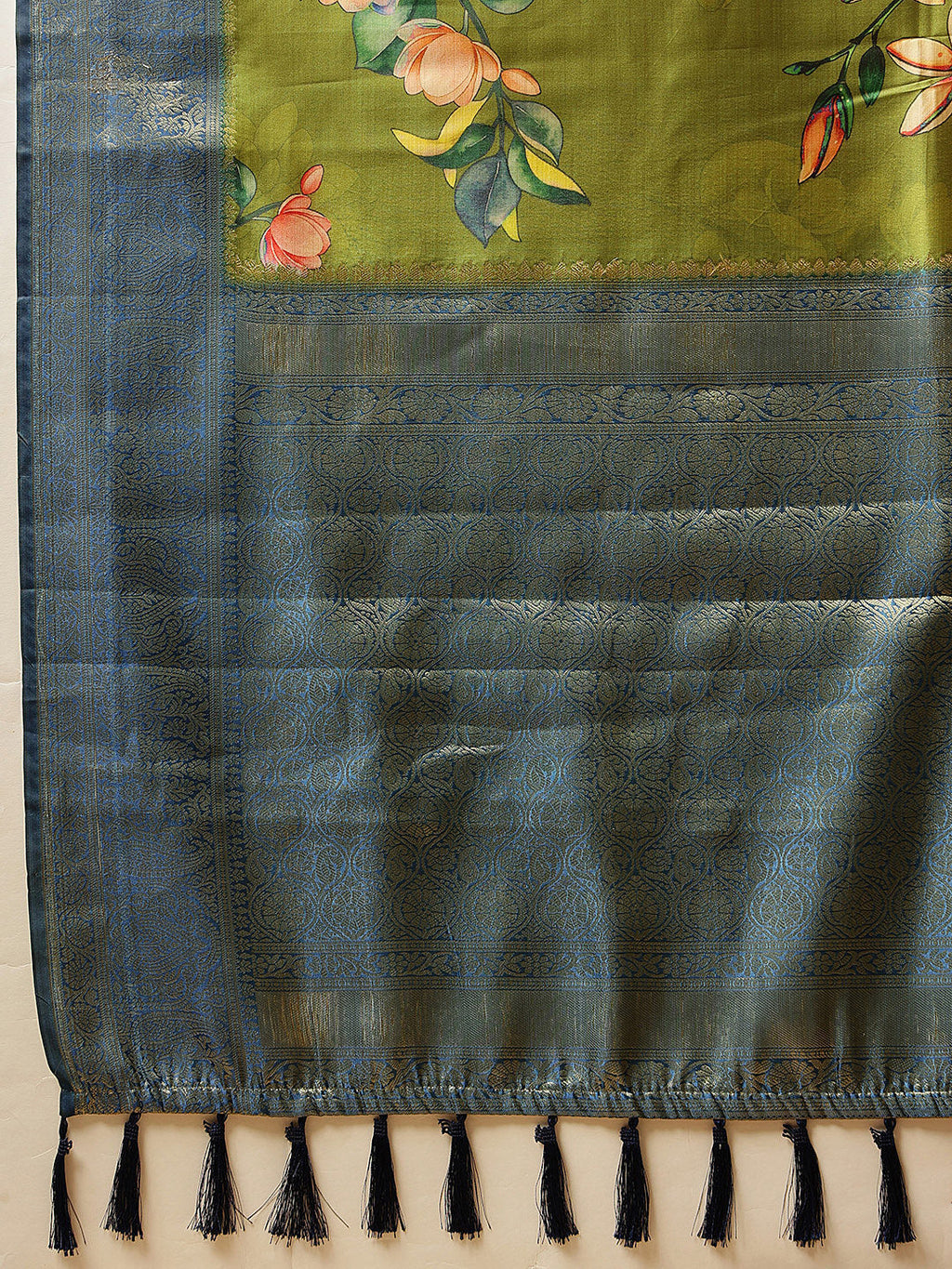 Green Banarasi Silk Floral Digital Printed Saree for Festive Style