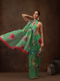 Green chiffon saree with digital floral print and unstitched blouse