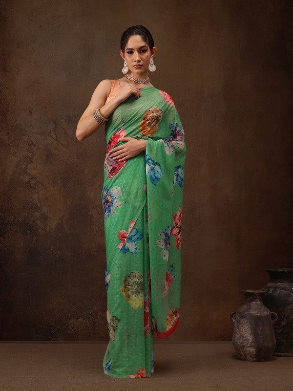 Green Chiffon Digital Floral Print Saree with Unstitched Blouse