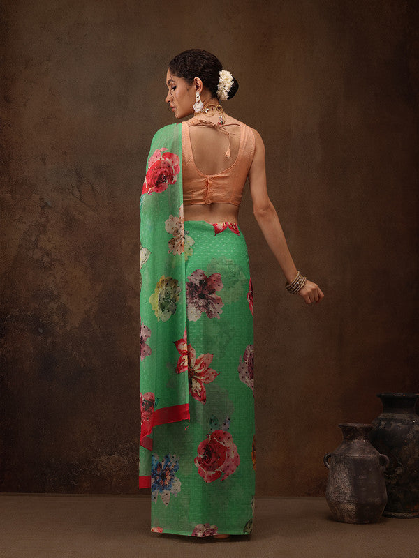 Green Chiffon Digital Floral Print Saree with Unstitched Blouse