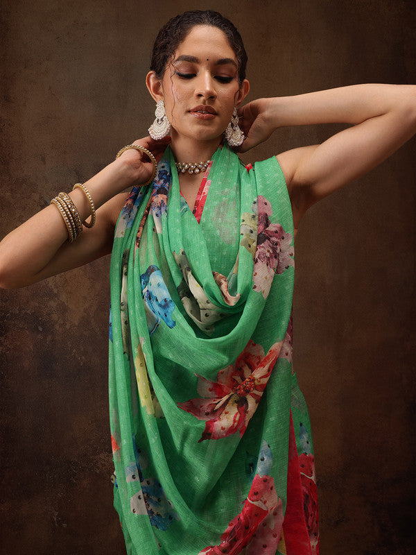 Green Chiffon Digital Floral Print Saree with Unstitched Blouse