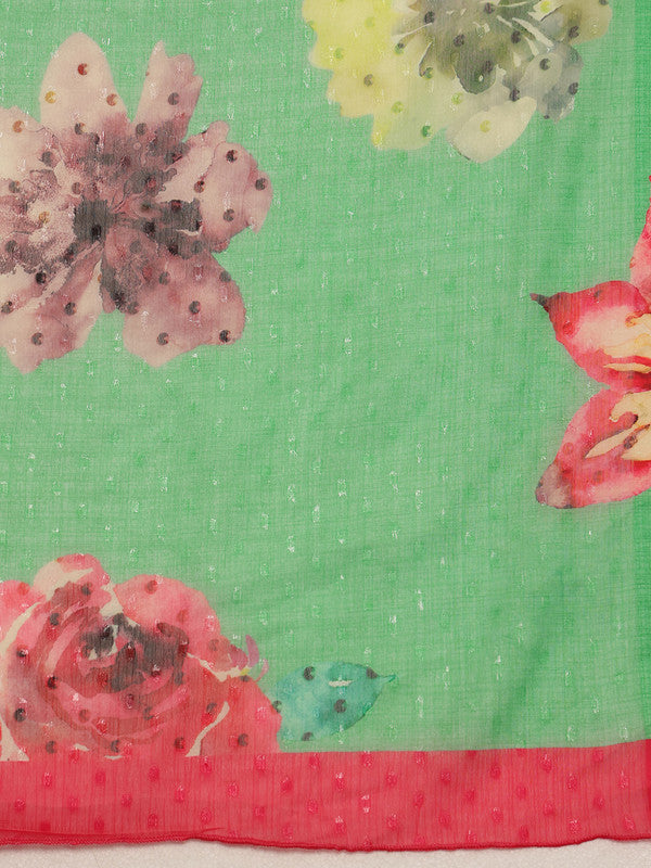 Green Chiffon Digital Floral Print Saree with Unstitched Blouse