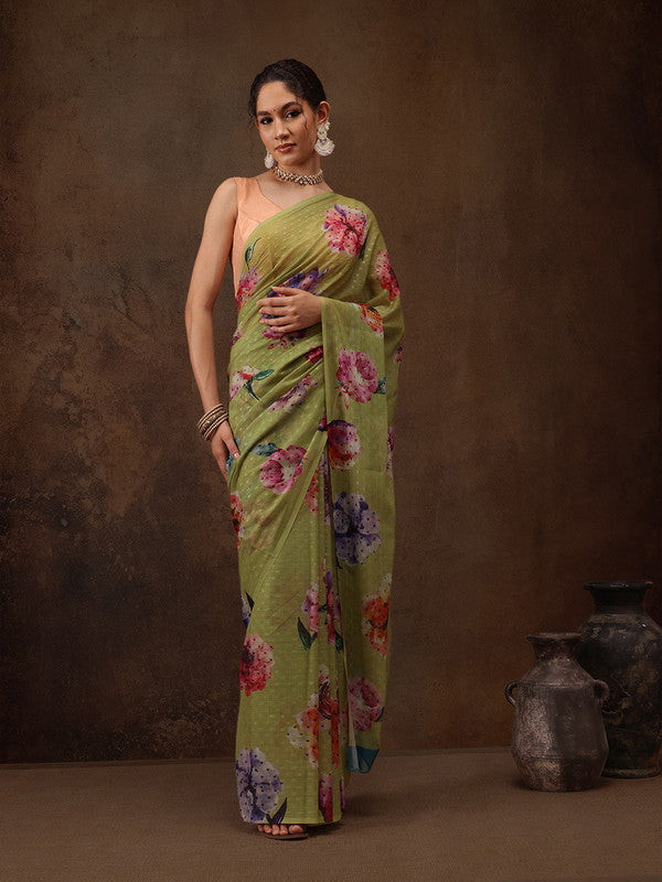 Olive green chiffon saree with elegant digital floral print