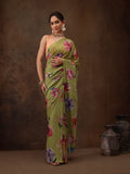 Olive green chiffon saree with elegant digital floral print