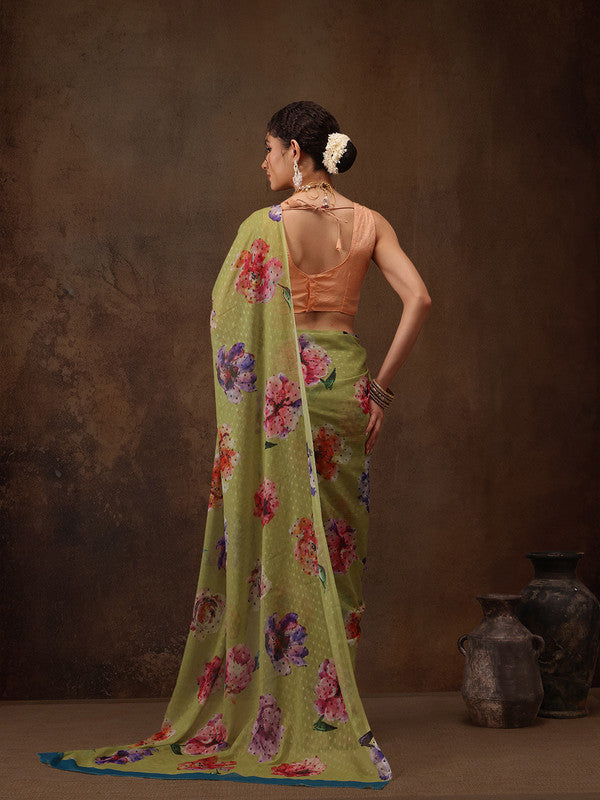 Olive Chiffon Saree with Digital Floral Print