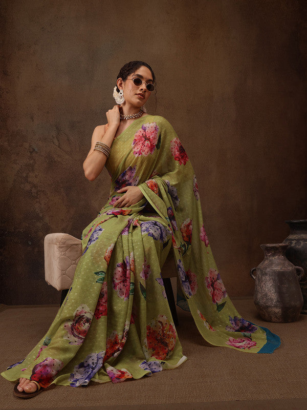 Olive Chiffon Saree with Digital Floral Print