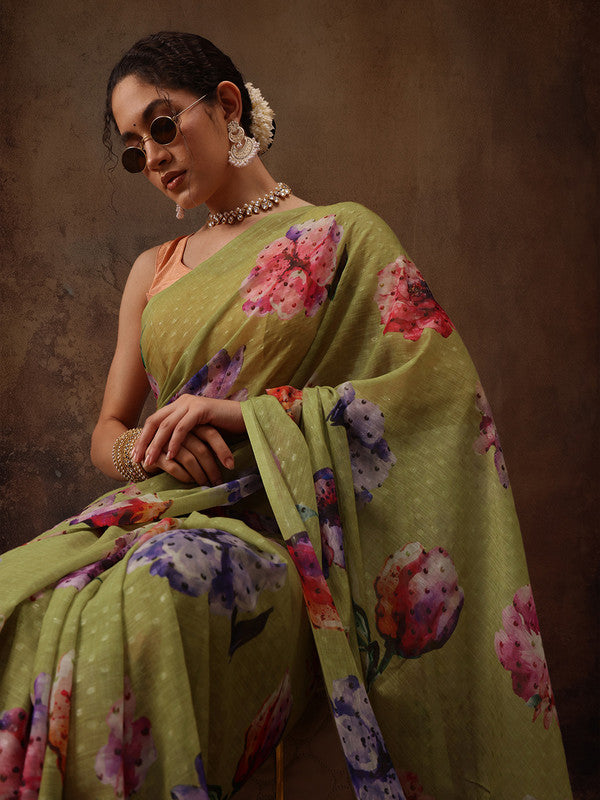Olive Chiffon Saree with Digital Floral Print