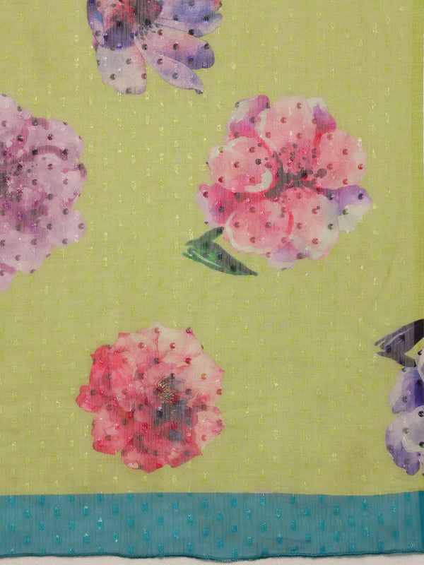 Olive Chiffon Saree with Digital Floral Print