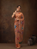 Peach chiffon saree with elegant digital floral print and matching unstitched blouse