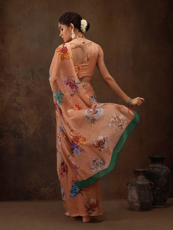 Peach Chiffon Digital Print Floral Saree