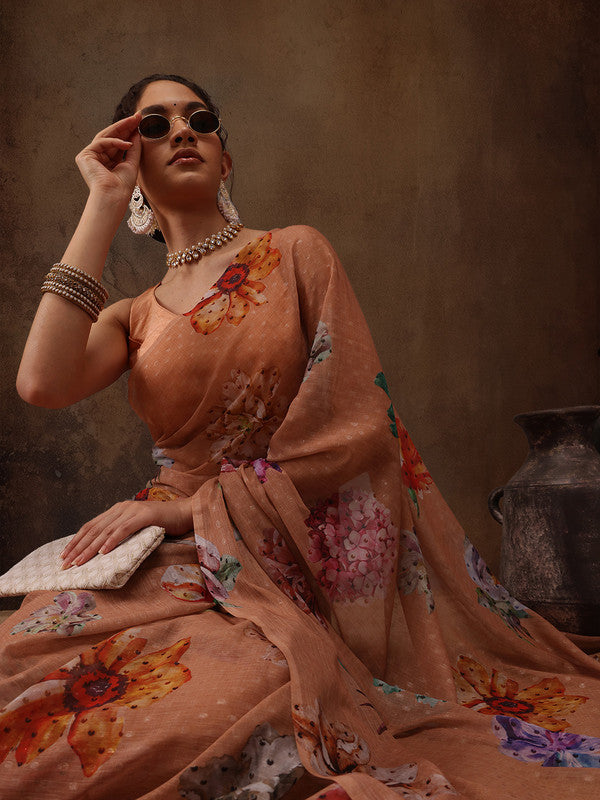 Peach Chiffon Digital Print Floral Saree