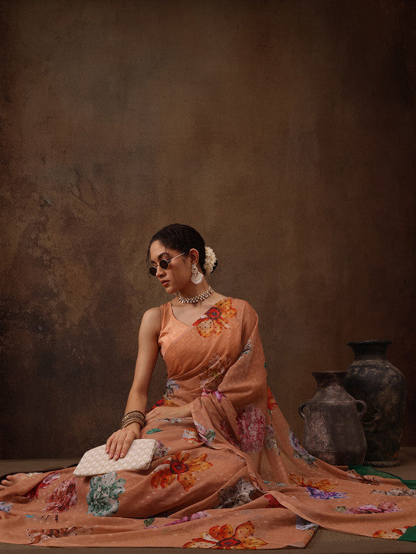 Peach Chiffon Digital Print Floral Saree