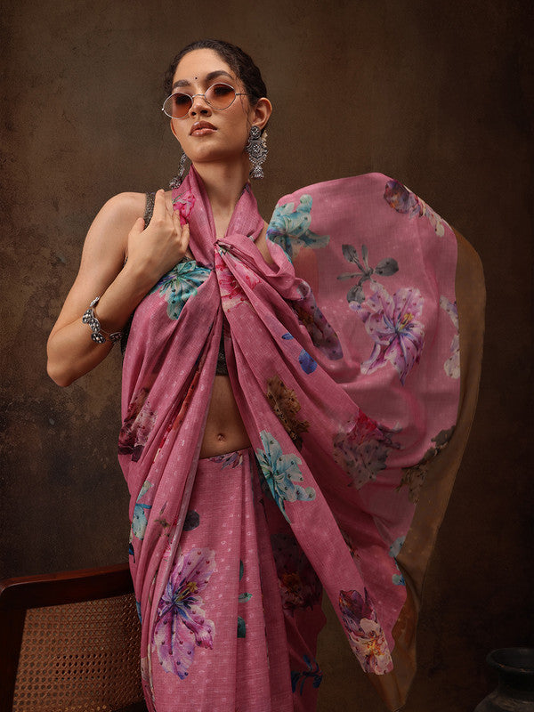 Pink Chiffon Digital Print Floral Saree with Unstitched Blouse - Hiral Fashion