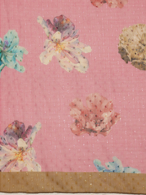 Pink Chiffon Digital Print Floral Saree with Unstitched Blouse - Hiral Fashion