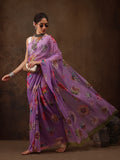 Purple Chiffon saree with digital floral print and unstitched blouse piece