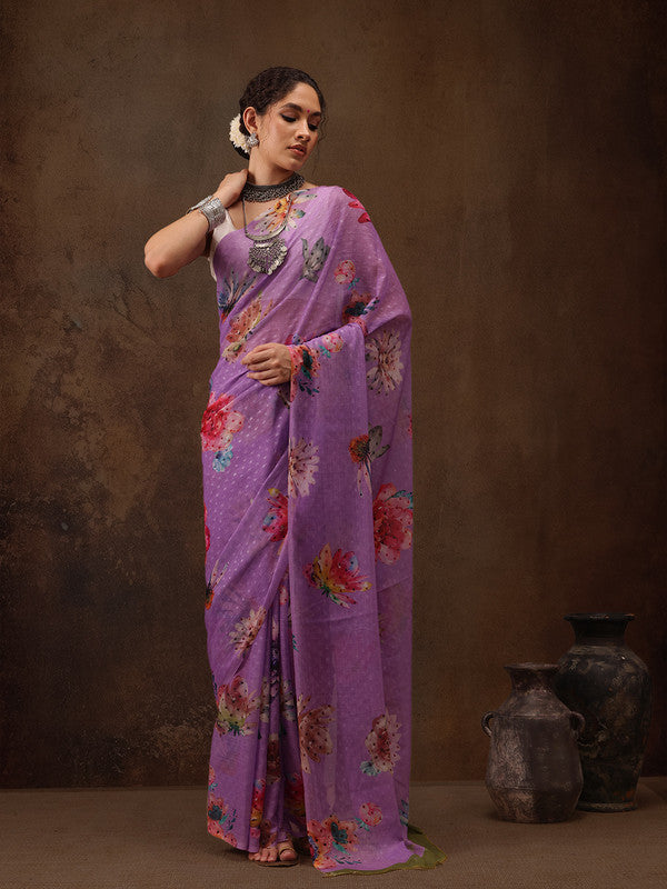 Purple Chiffon Floral Print Saree with Digital Design