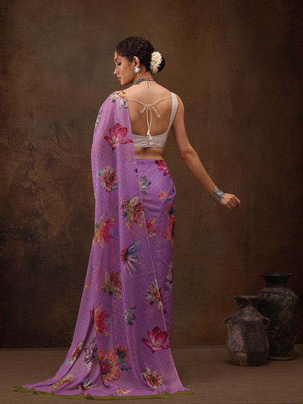 Purple Chiffon Floral Print Saree with Digital Design