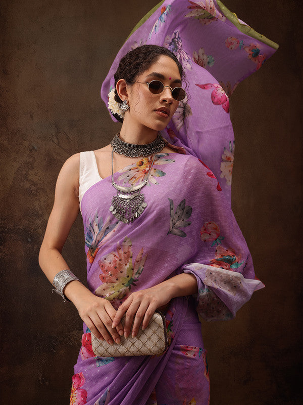 Purple Chiffon Floral Print Saree with Digital Design