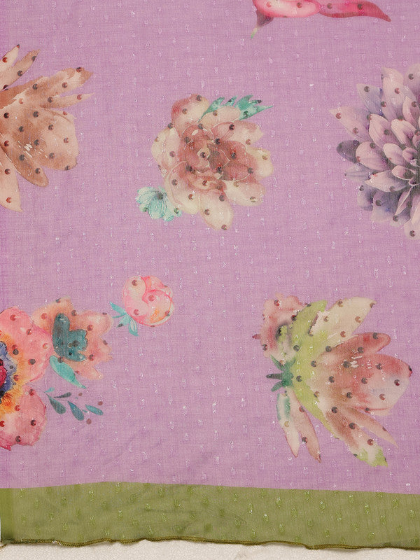 Purple Chiffon Floral Print Saree with Digital Design