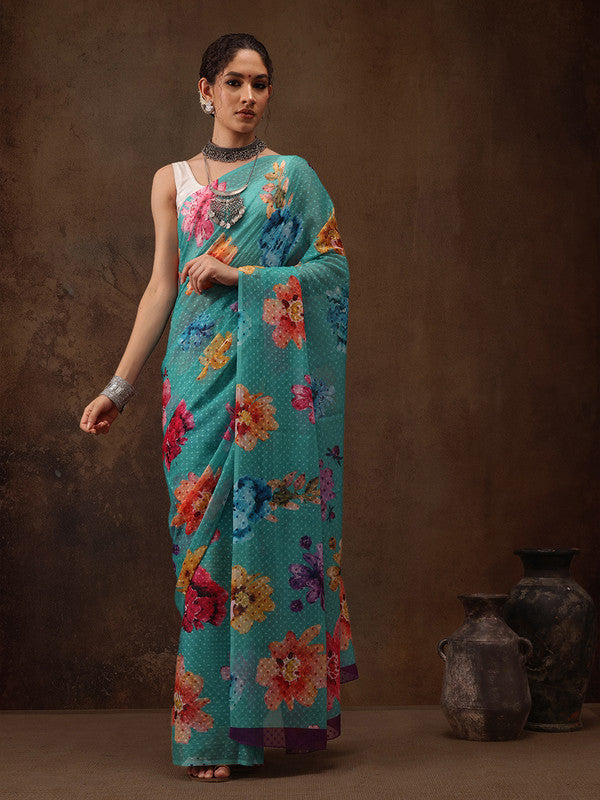 Turquoise chiffon saree with modern digital floral print
