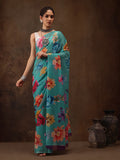 Turquoise chiffon saree with modern digital floral print