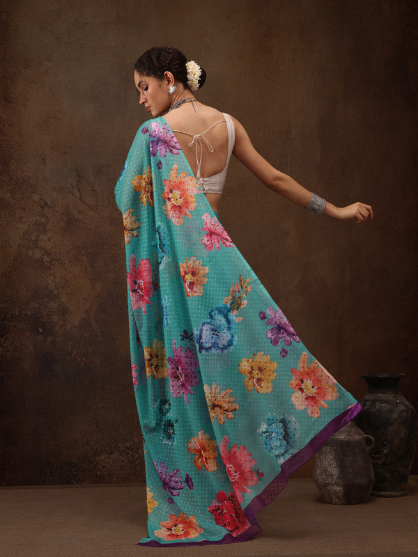 Turquoise Chiffon Floral Print Saree with Unstitched Blouse