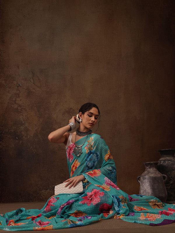 Turquoise Chiffon Floral Print Saree with Unstitched Blouse