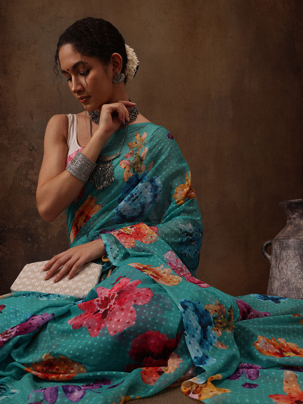 Turquoise Chiffon Floral Print Saree with Unstitched Blouse