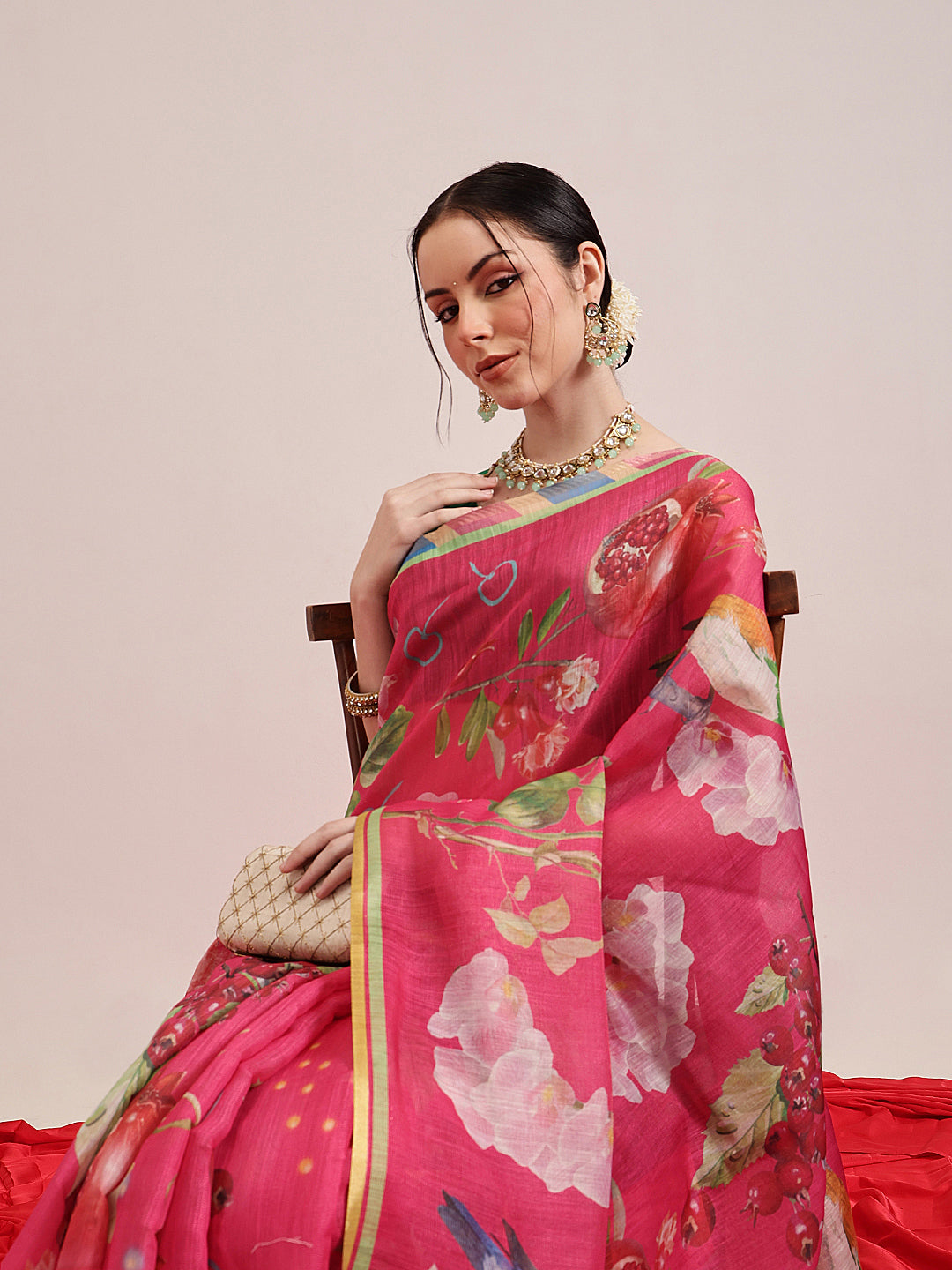Pink Banarasi Cotton Silk Saree with Playful Fruit Print