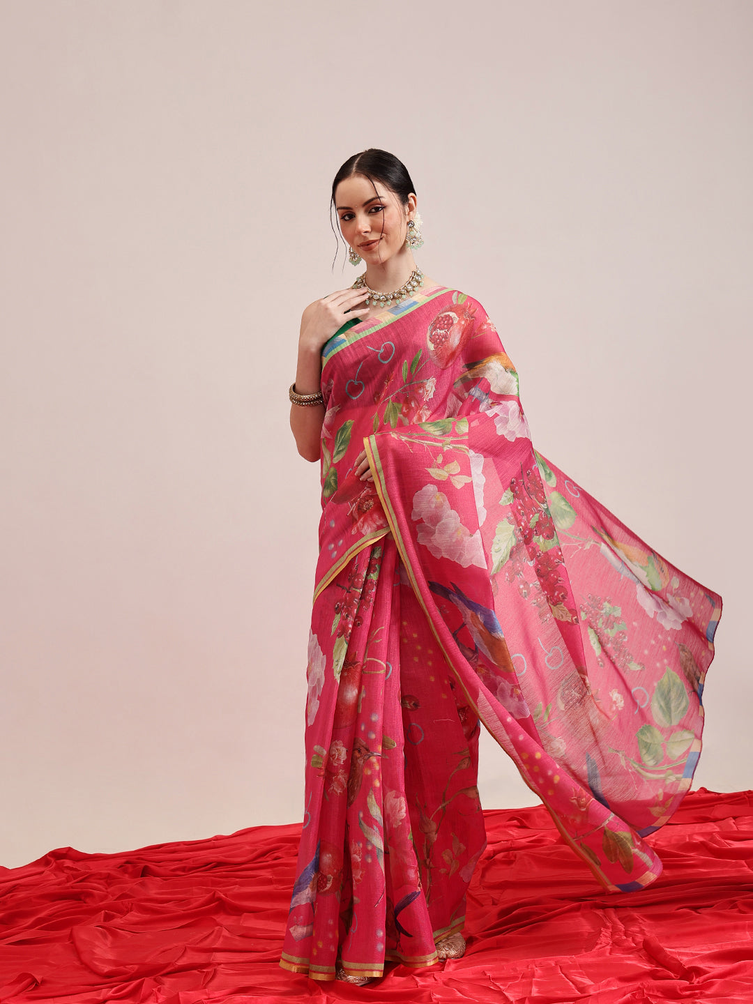 Pink Banarasi Cotton Silk saree with digital fruit print