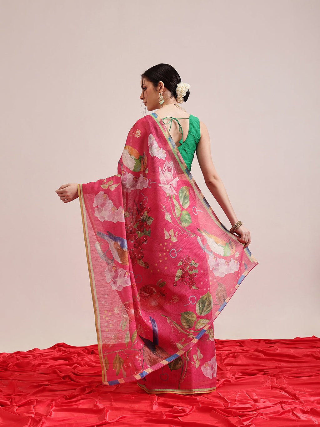 Pink Banarasi Cotton Silk Saree with Playful Fruit Print