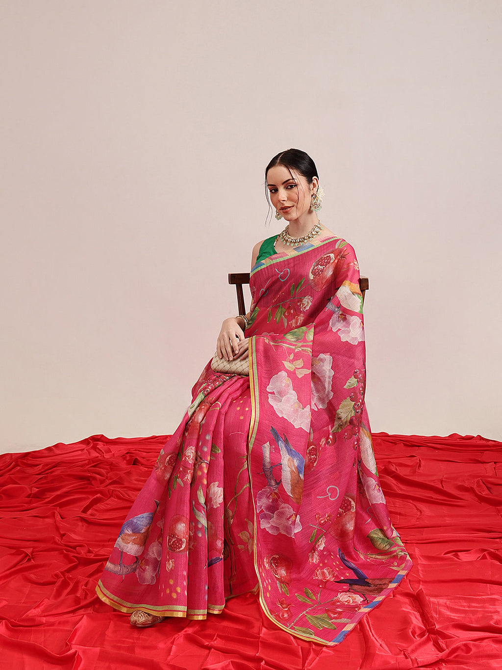 Pink Banarasi Cotton Silk Saree with Playful Fruit Print