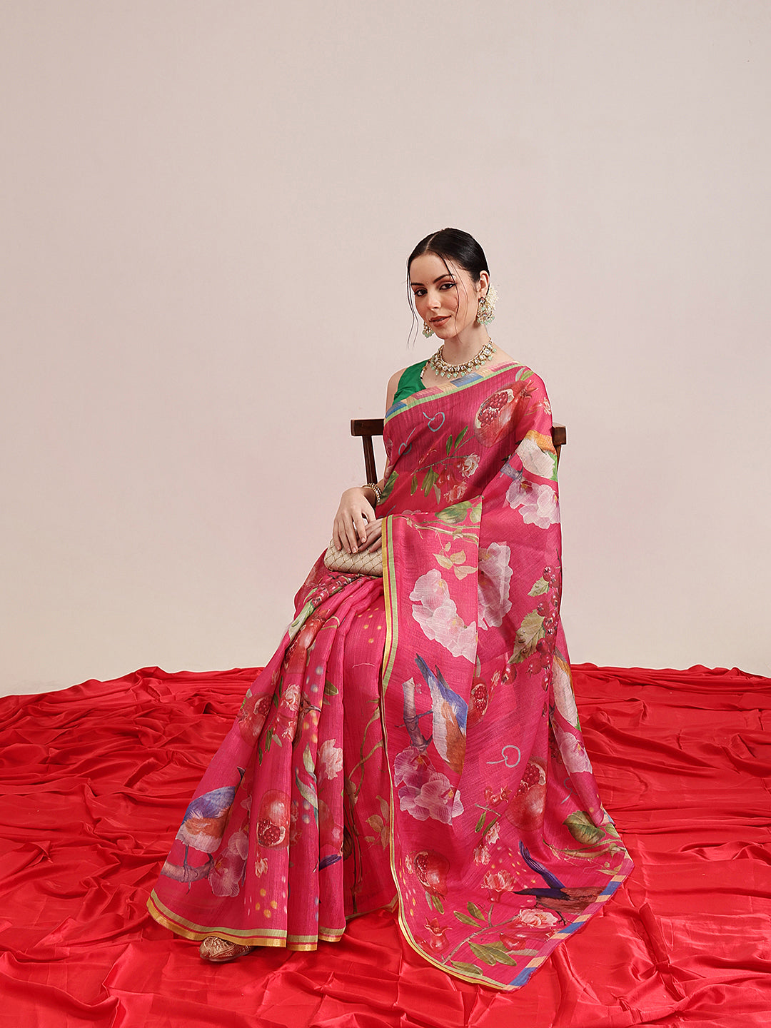 Pink Banarasi Cotton Silk Saree with Playful Fruit Print