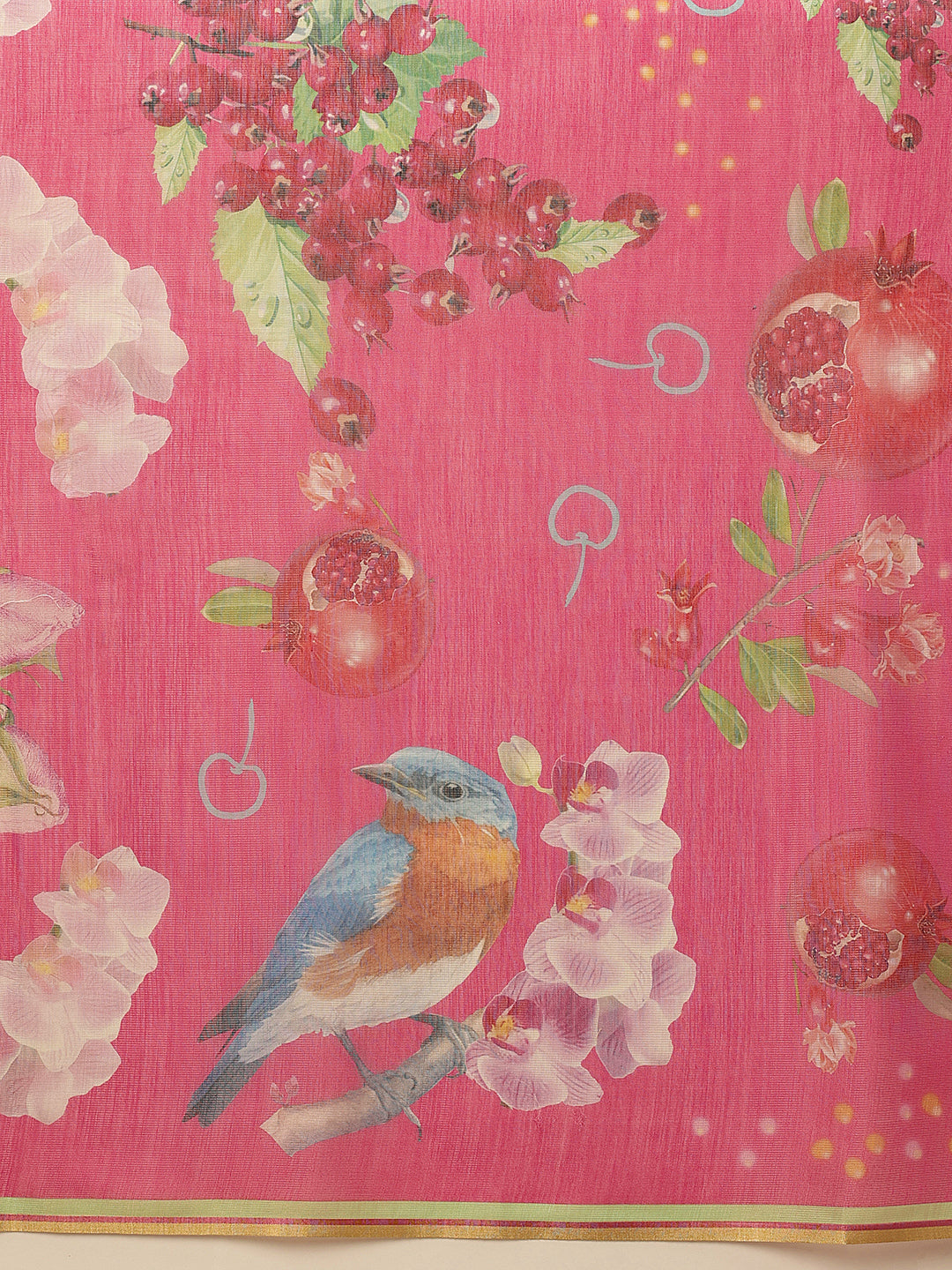 Pink Banarasi Cotton Silk Saree with Playful Fruit Print