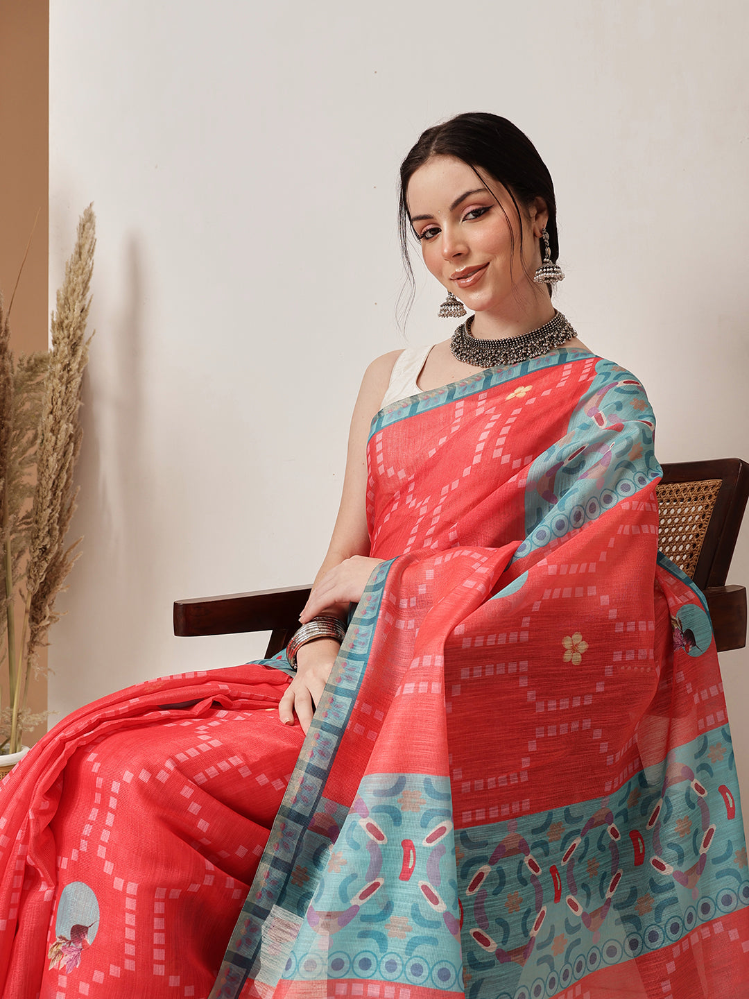 Red Banarasi Cotton Silk Saree with Digital Fruit Print