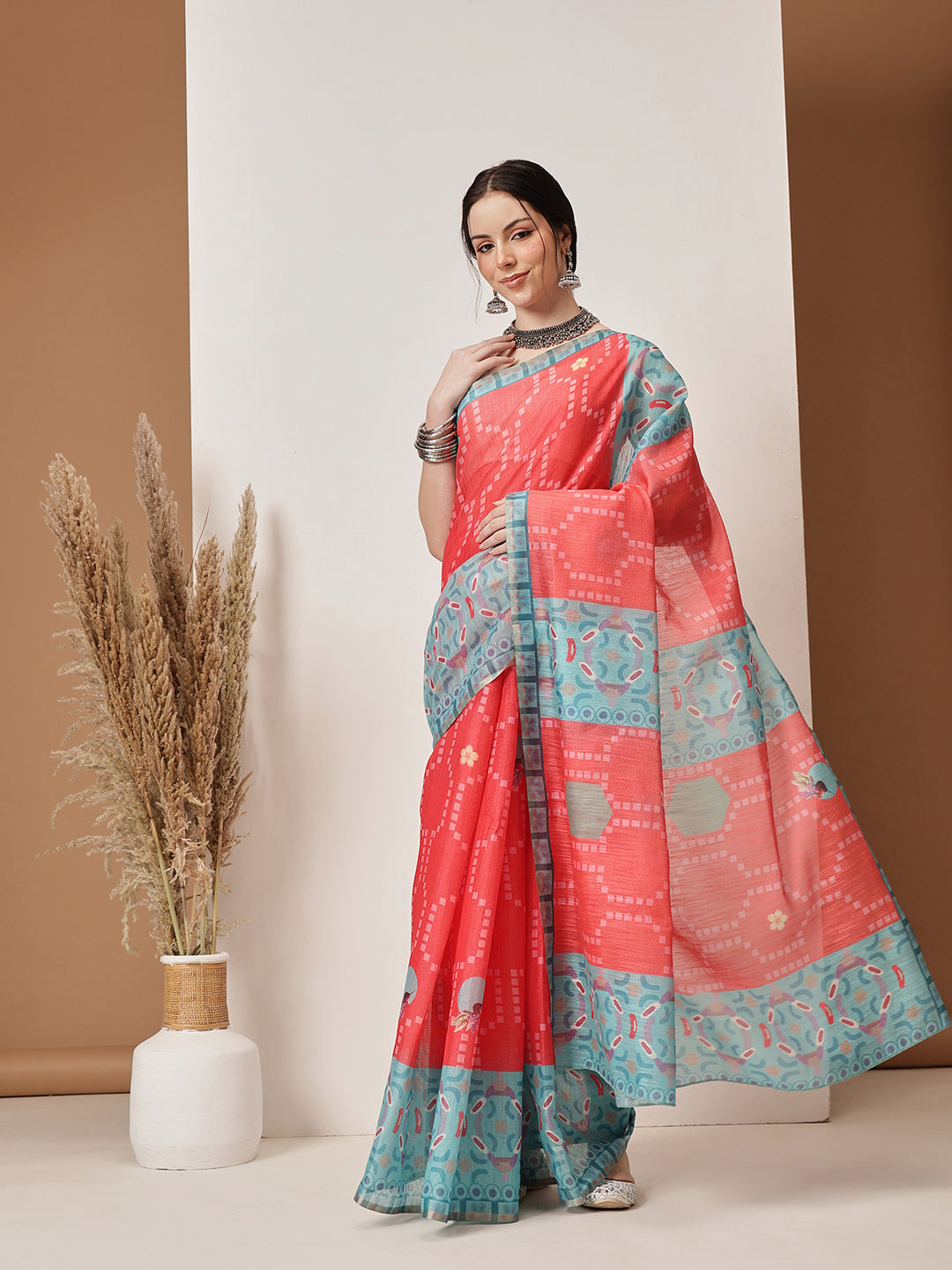 Red Banarasi cotton silk saree with eye-catching digital fruit print