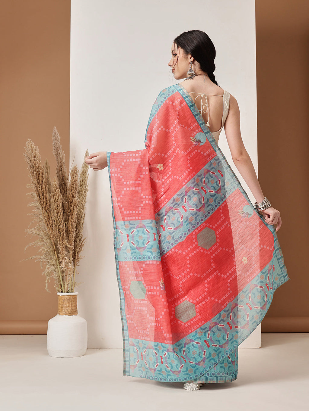 Red Banarasi Cotton Silk Saree with Digital Fruit Print