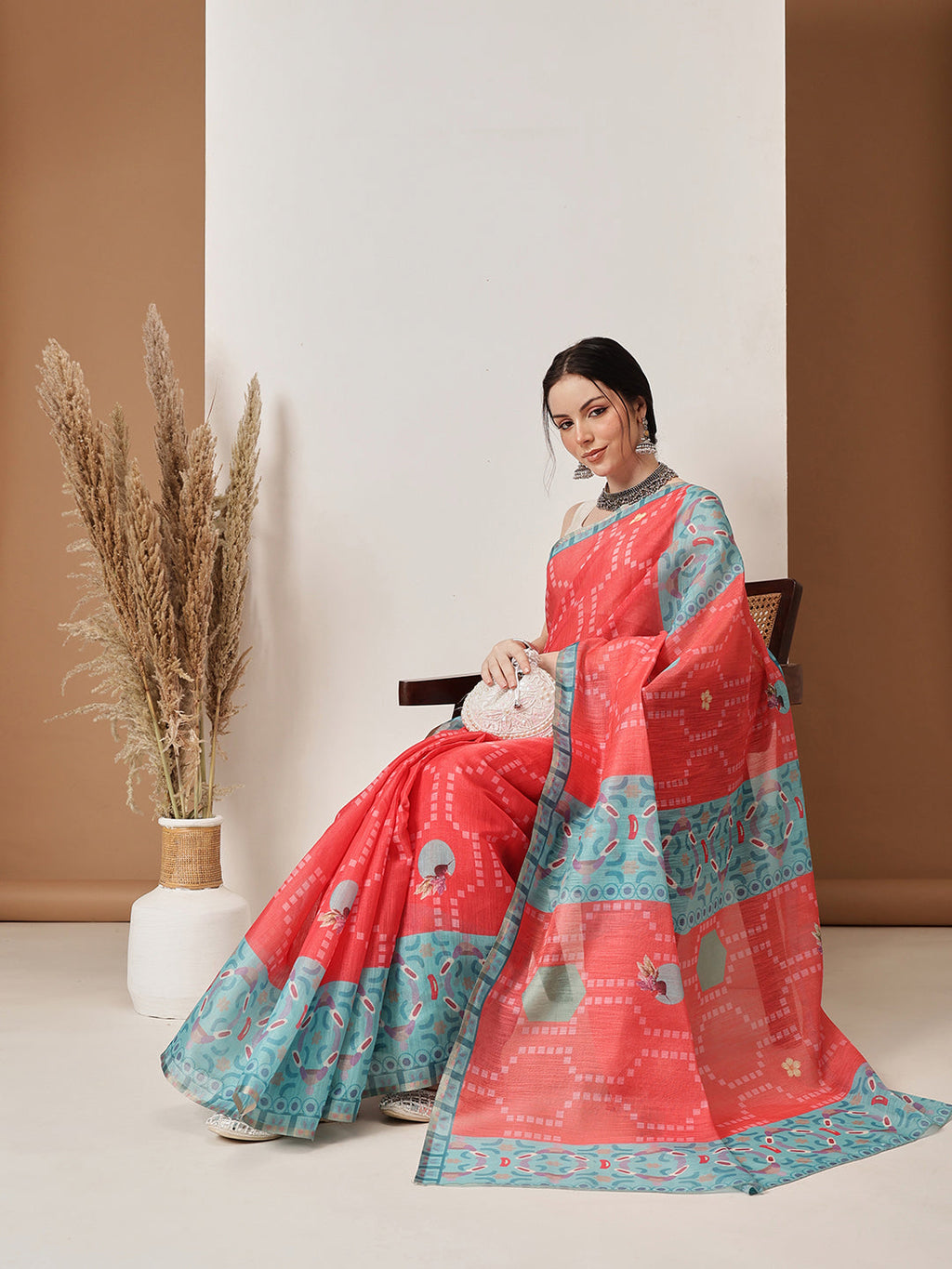 Red Banarasi Cotton Silk Saree with Digital Fruit Print
