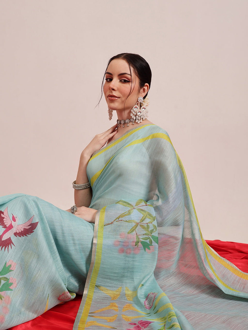 Blue Banarasi Cotton Silk Floral Digital Print Saree