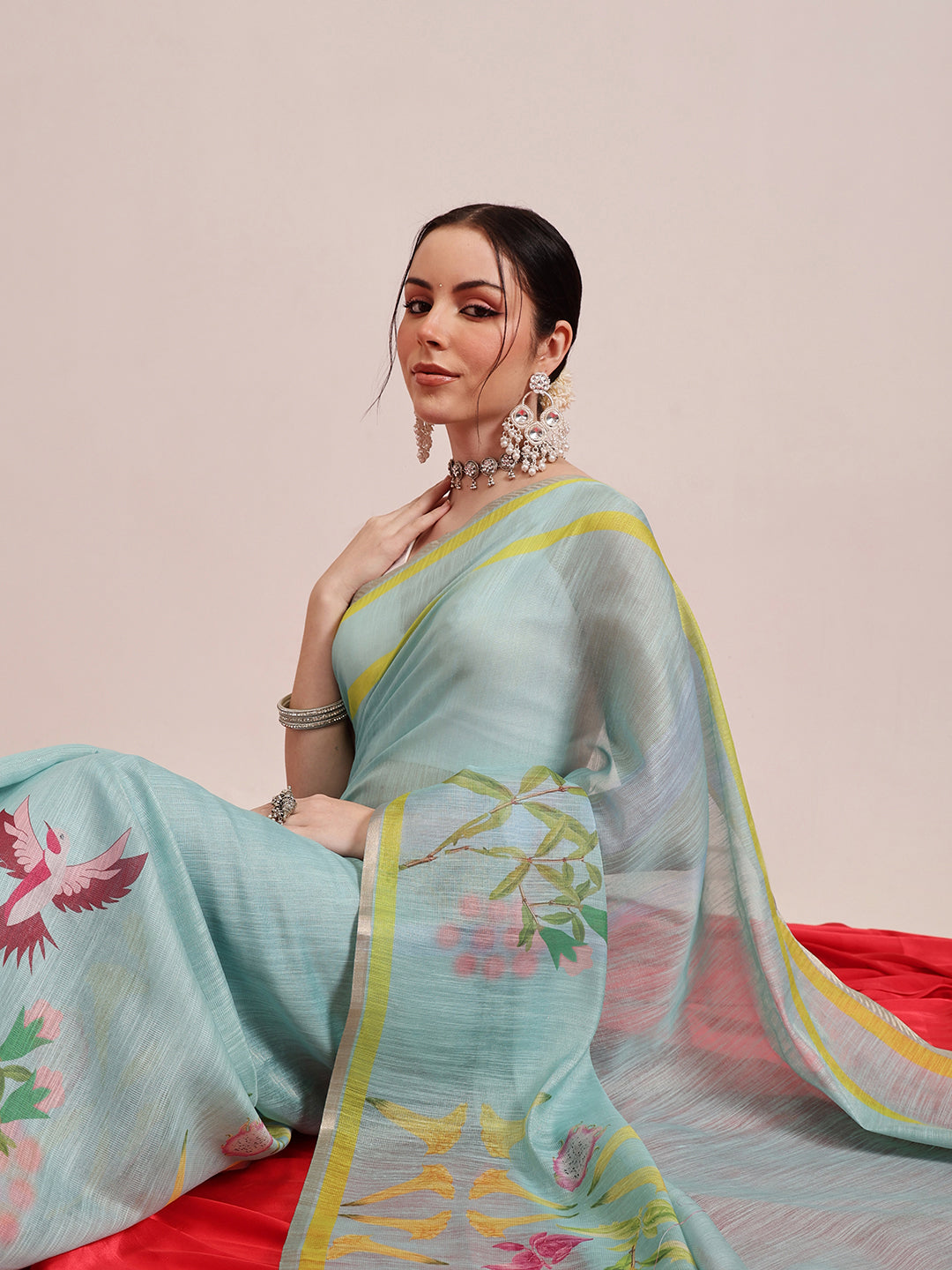 Blue Banarasi Cotton Silk Floral Digital Print Saree