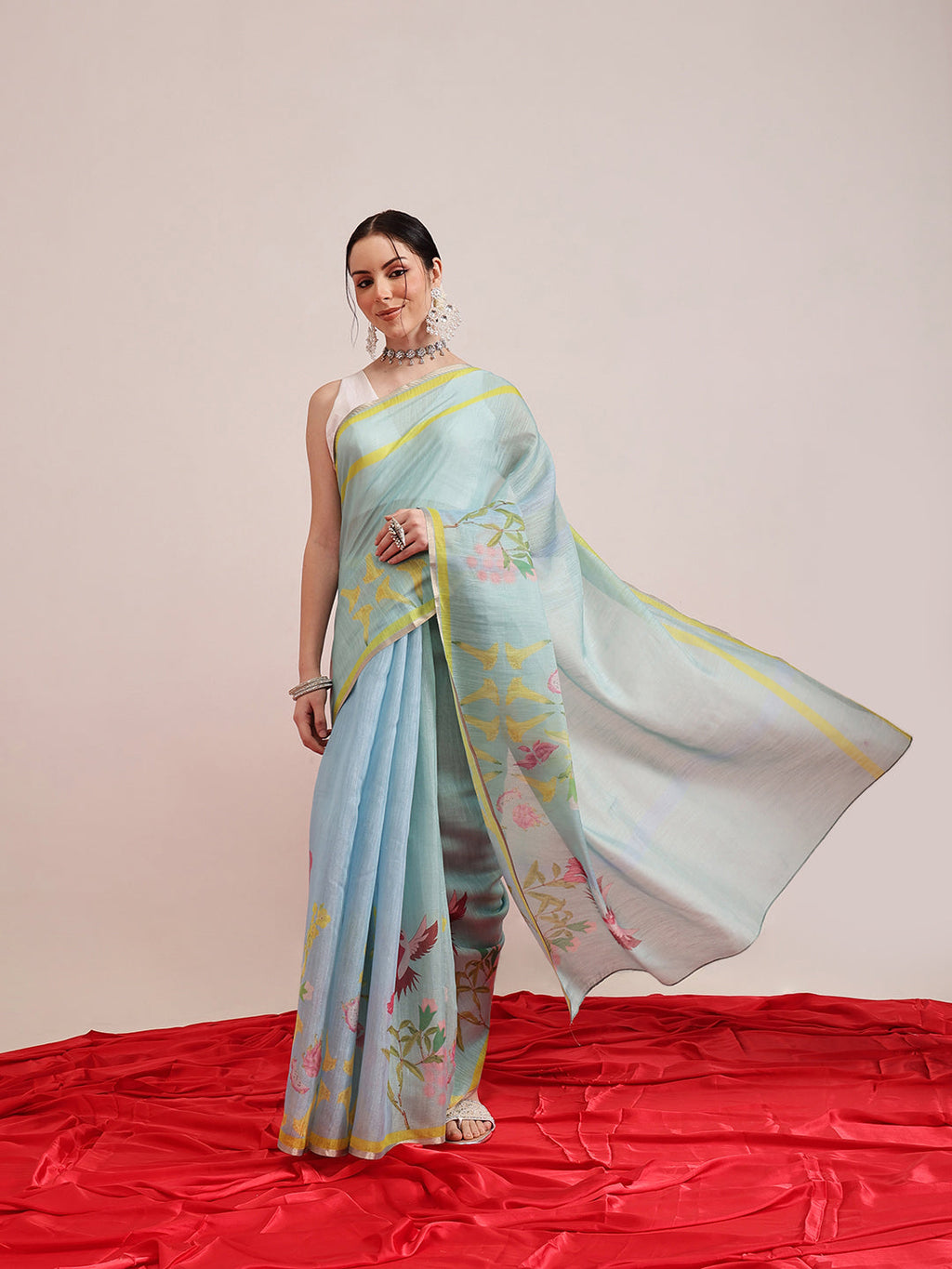 Blue Banarasi cotton silk saree featuring colorful floral digital prints