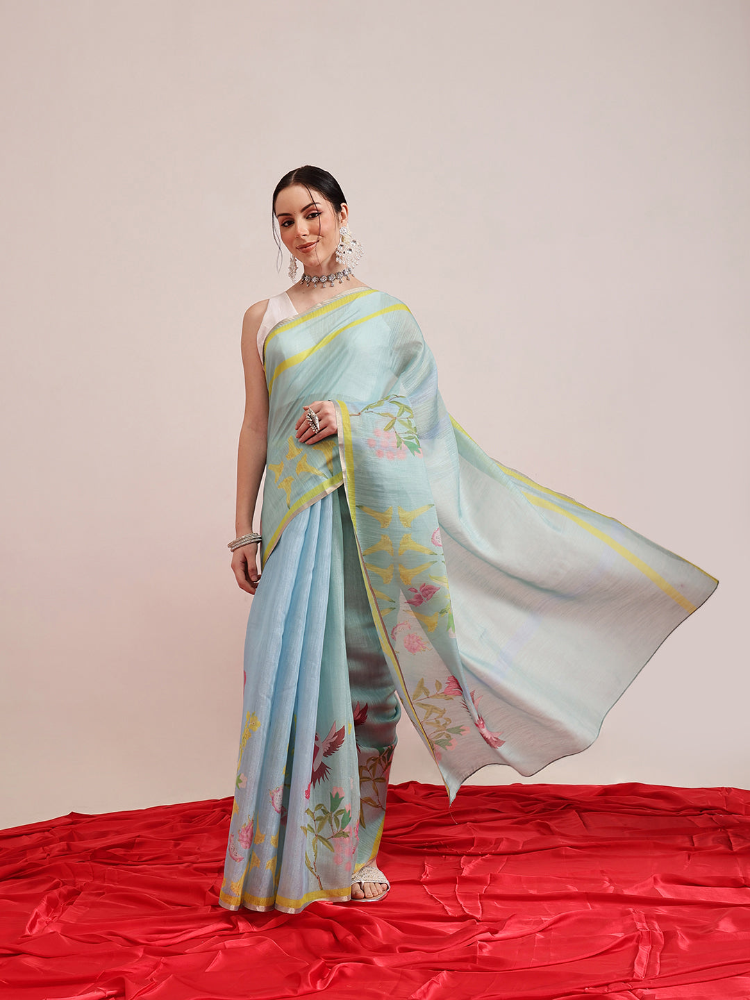 Blue Banarasi cotton silk saree featuring colorful floral digital prints