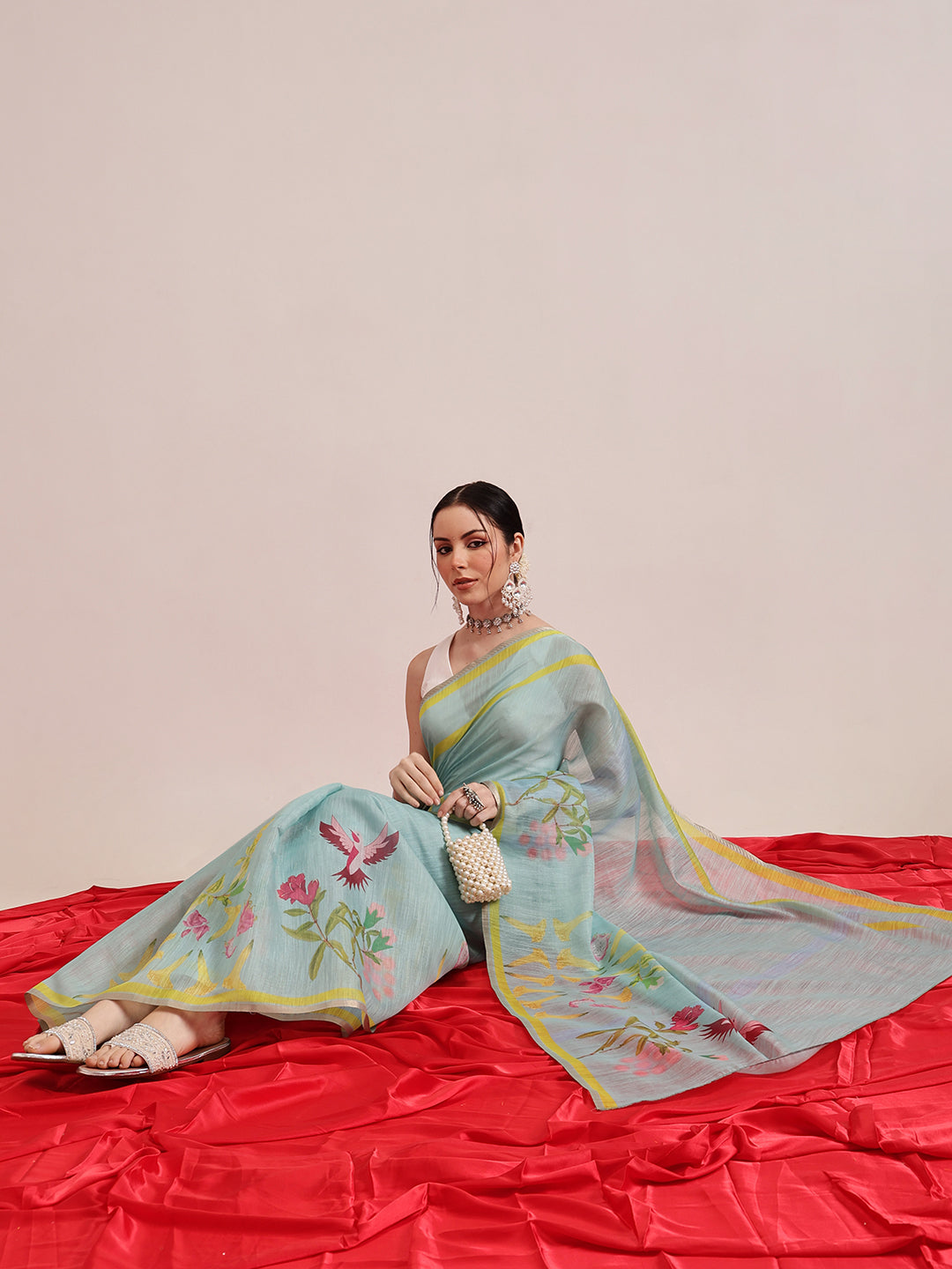 Blue Banarasi Cotton Silk Floral Digital Print Saree